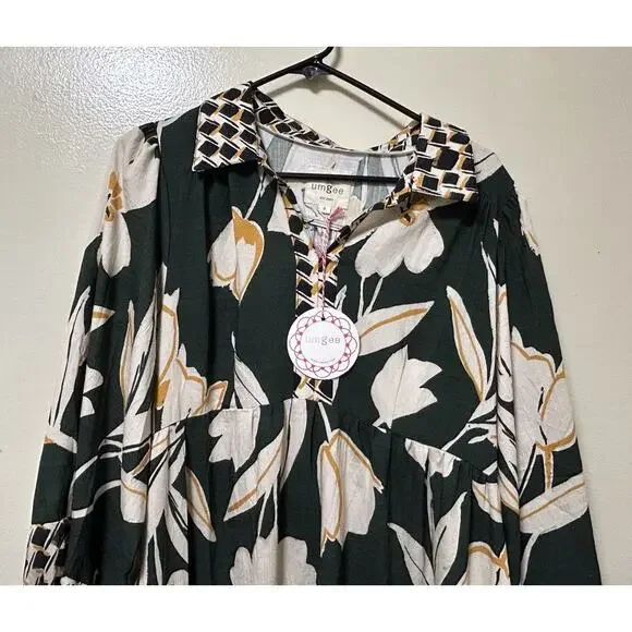 NWT Umgee Women's Newbury Green Floral Boho Balloon Sleeves Maxi Dress - Size S - Picture 3 of 6